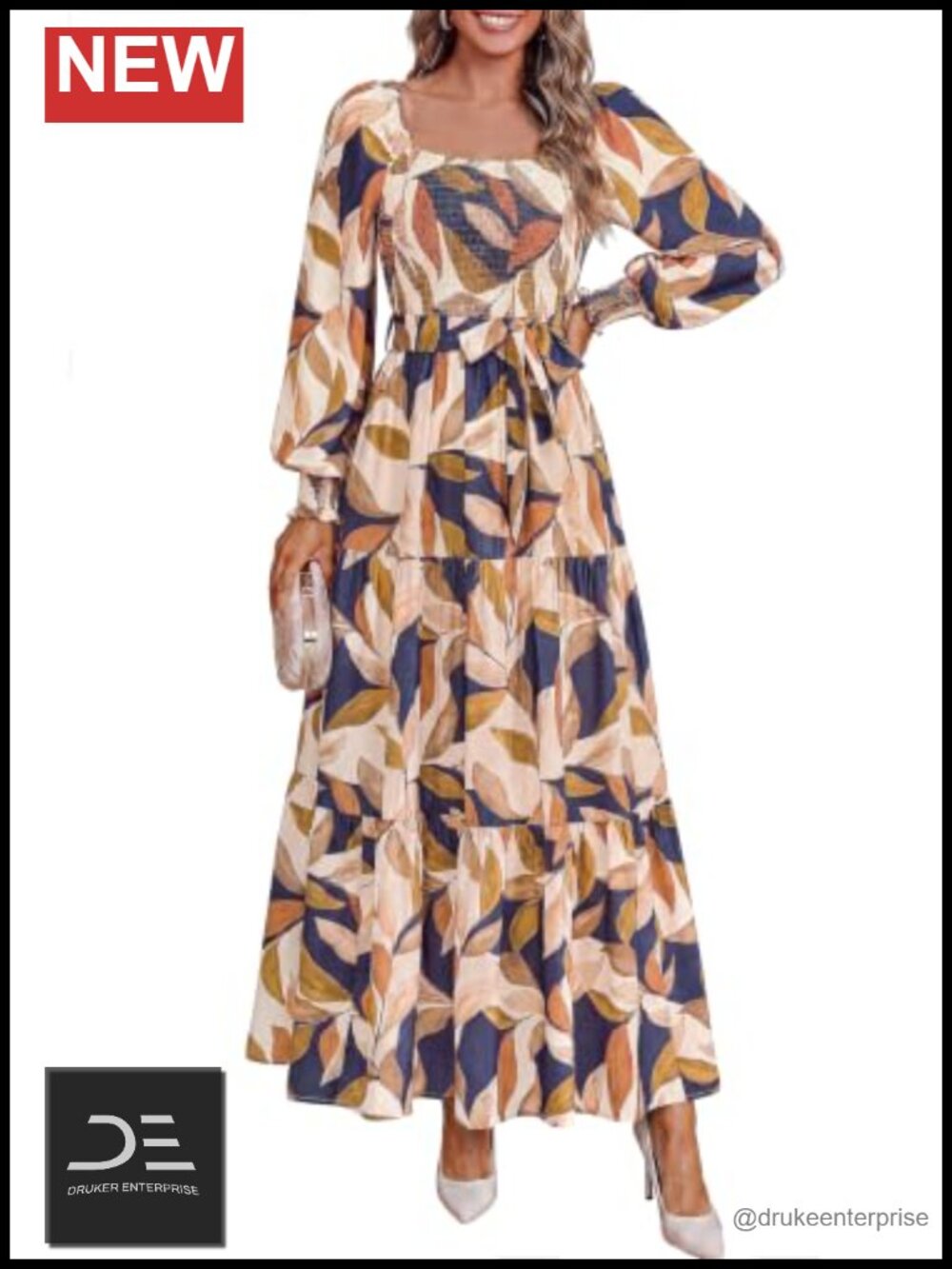Boho Floral Maxi Dress Long Sleeve Smocked A-Line Semi-Formal